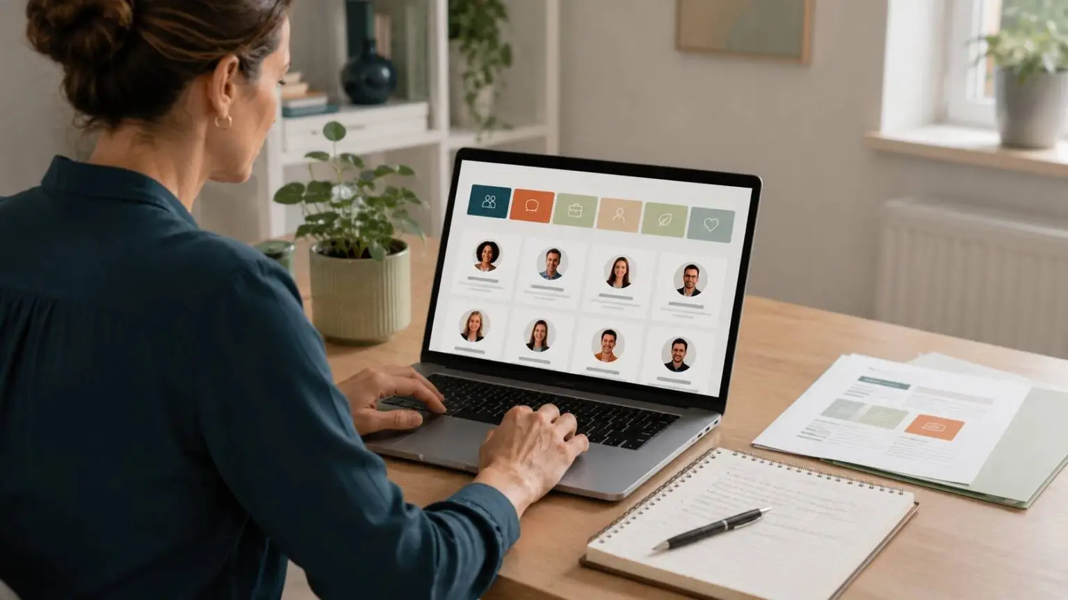 Bezoeker zoekt op een laptop naar coaches en partners per vakgebied.