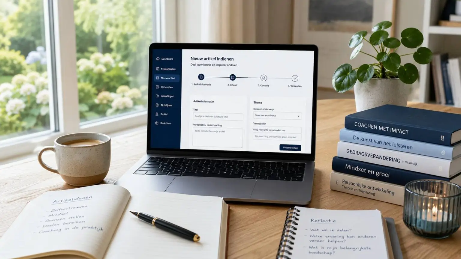 Rustige werkplek met laptop, notitieboek en coachingboeken, ingericht voor het schrijven en delen van artikelen over coaching en persoonlijke ontwikkeling.