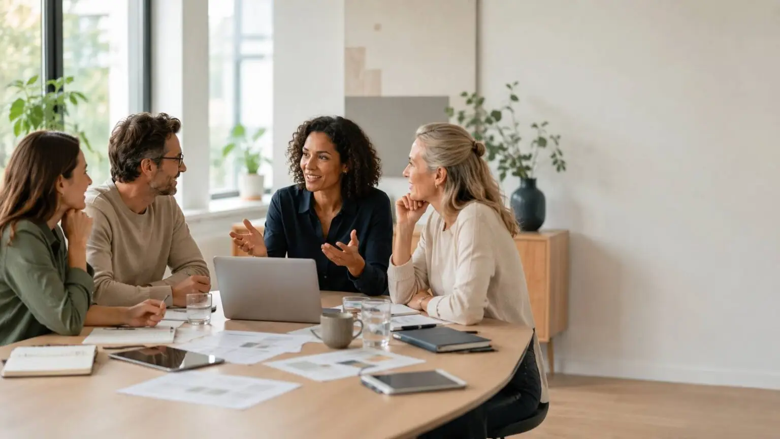 Coaches en deskundigen bespreken een samenwerking rond persoonlijke ontwikkeling.